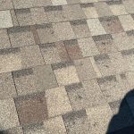 Close-up of hail damage on asphalt shingles showing granule loss and impact marks on Plymouth Minnesota home roof inspected by First Impressions Exteriors