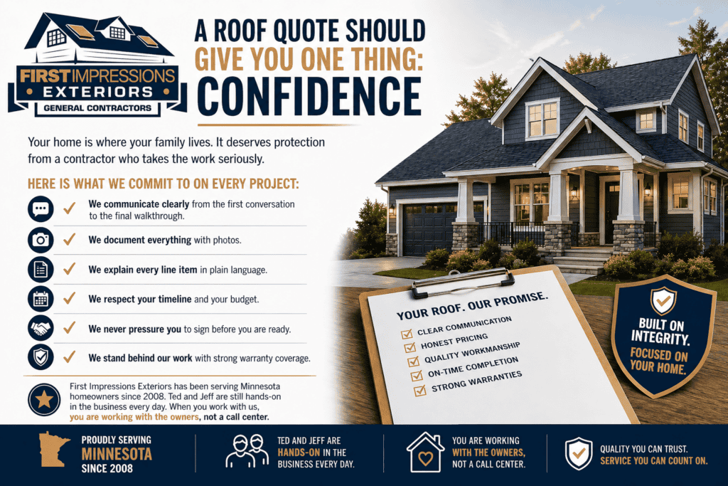First Impressions Exteriors roofing infographic showing a professional roof quote process with clear communication, detailed documentation, and homeowner-focused service