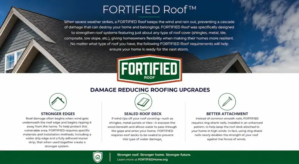 FORTIFIED Roof infographic showing stronger roof edges, sealed roof deck, and enhanced roof attachment