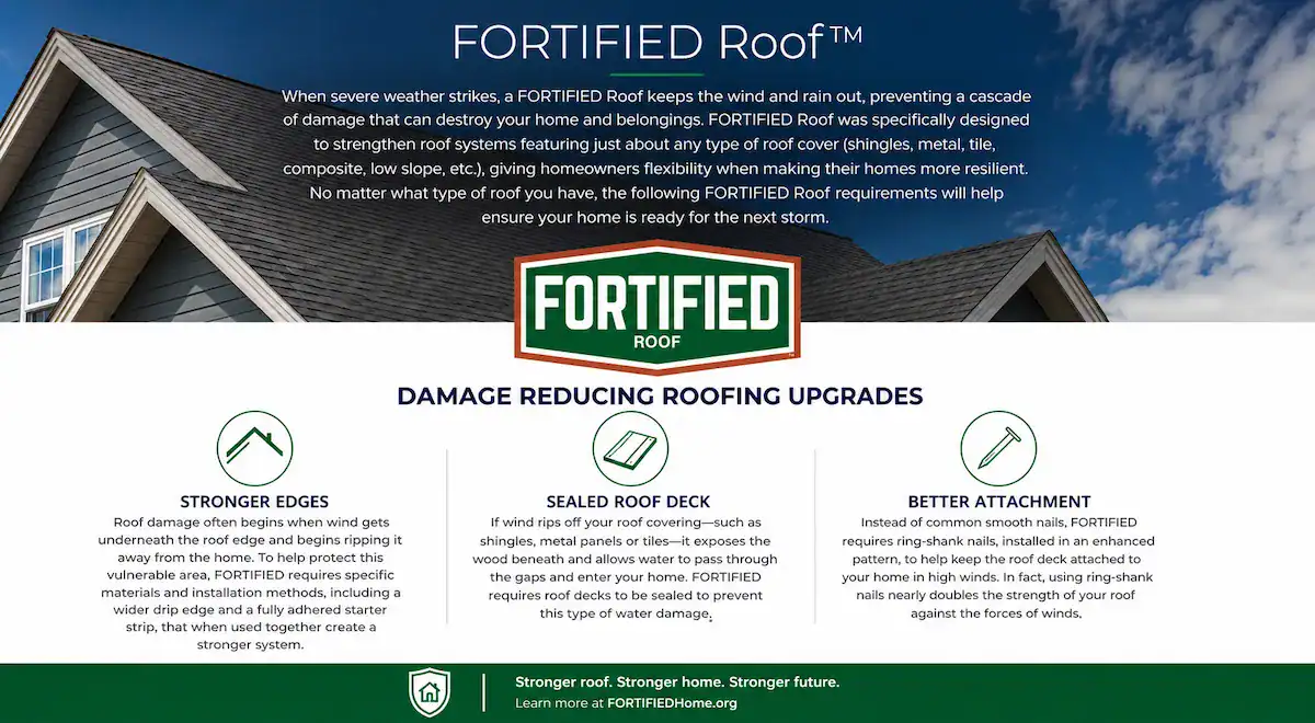FORTIFIED Roof infographic showing stronger roof edges, sealed roof deck, and enhanced roof attachment