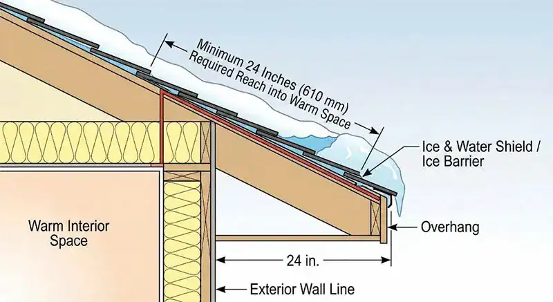 Graphic showing how much ice and water shield is required by building code