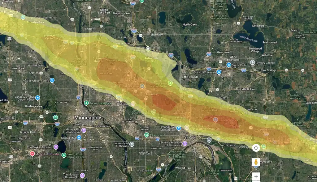 Map showing the hail swath of the June 19 hailstorm in Roseville