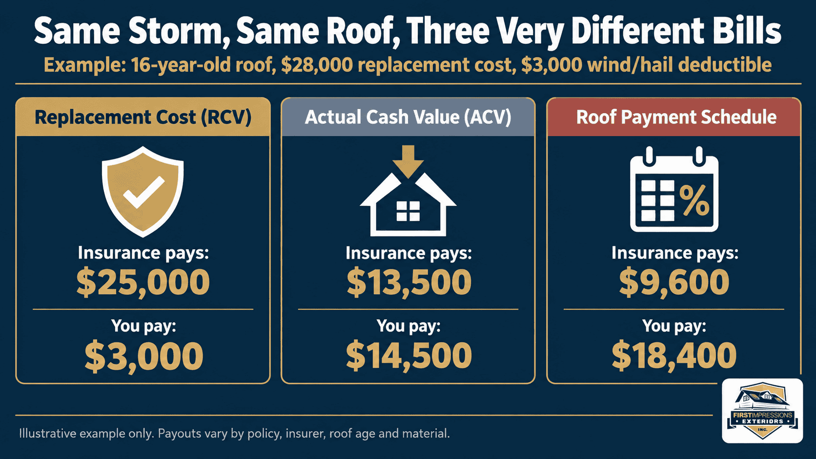 RCV vs ACV vs roof payment schedule comparison chart for Minnesota roof insurance claims