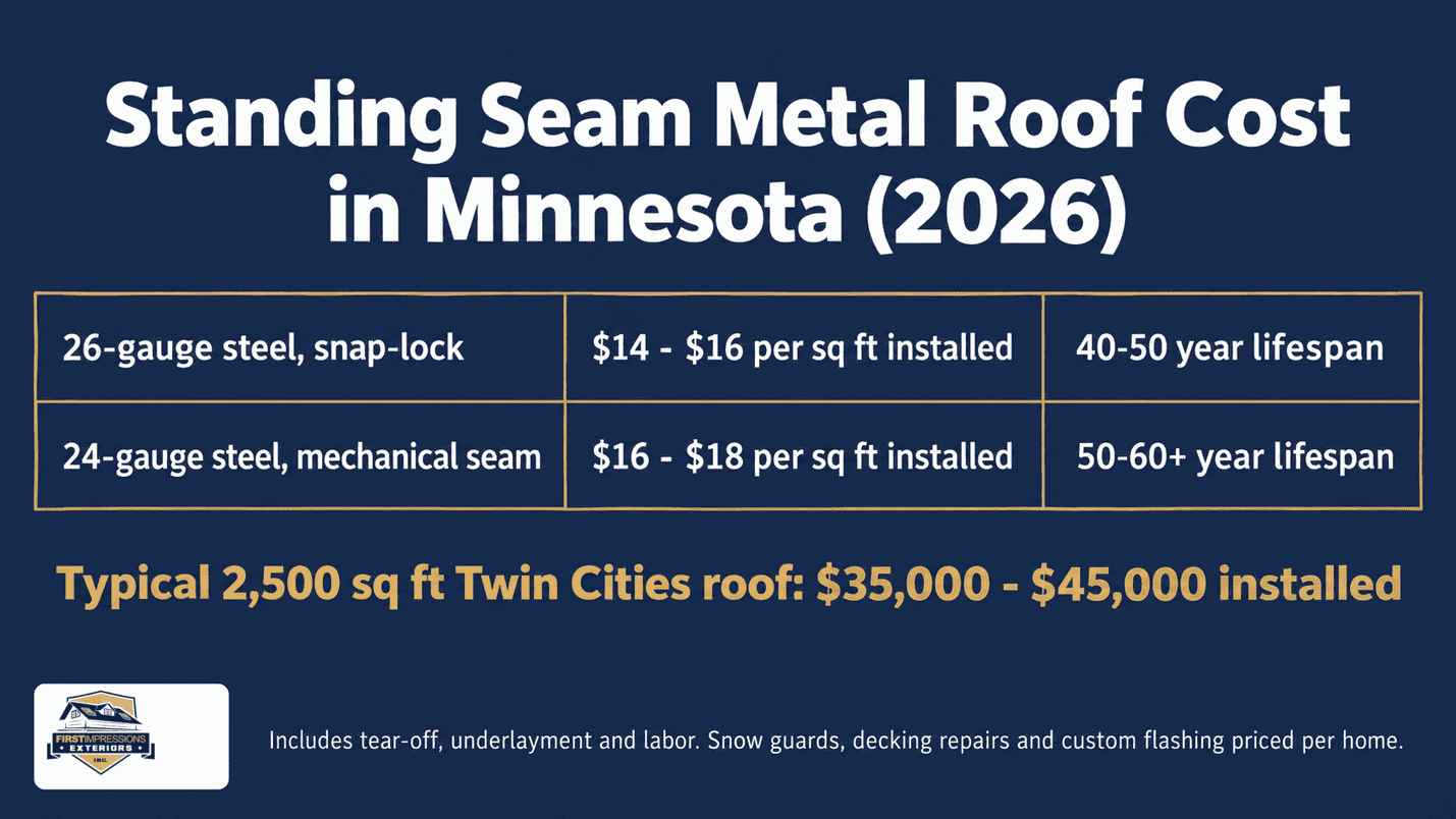 Standing seam metal roof cost in Minnesota 2026 chart: 26-gauge snap-lock steel at $14 to $16 per square foot and 24-gauge mechanical seam steel at $16 to $18 per square foot installed