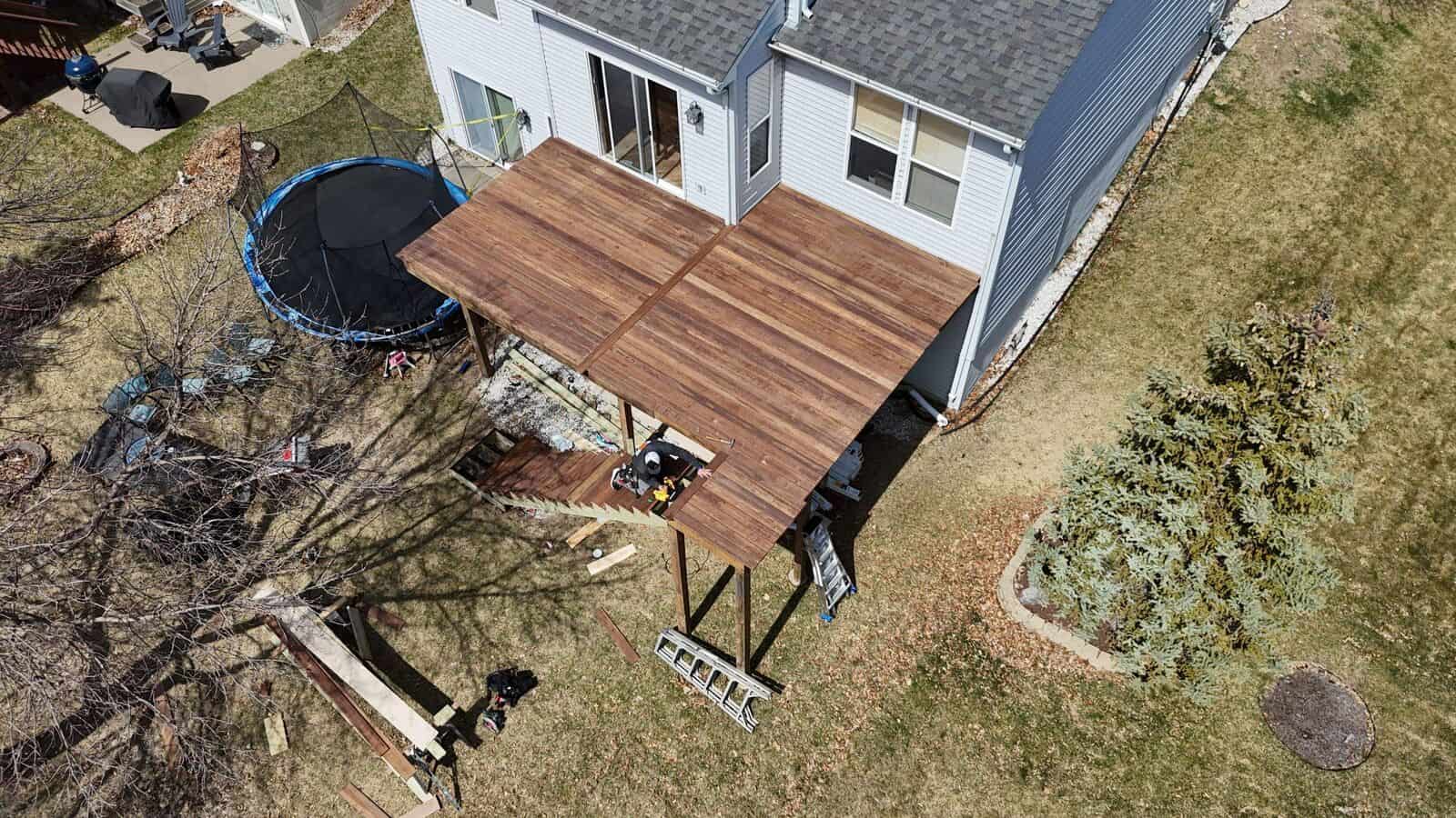 Aerial view of a Maple Grove, MN deck getting its new surface
