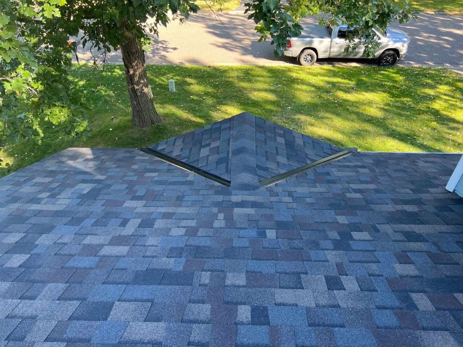 Aerial view of a new Black Sable roof on a Little Canada, MN home