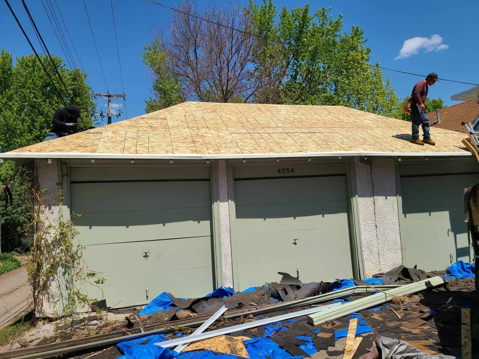 New OSB decking being installed on a detached garage in Minneapolis, MN