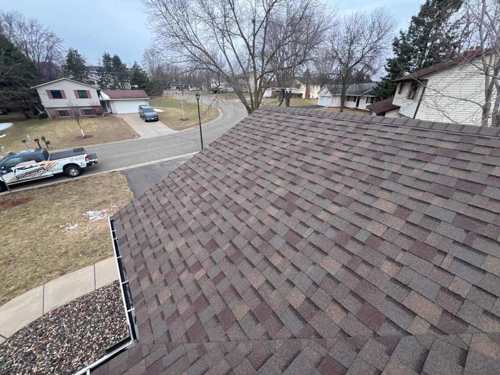 Aerial view of Owens Corning Duration shingles in Teak