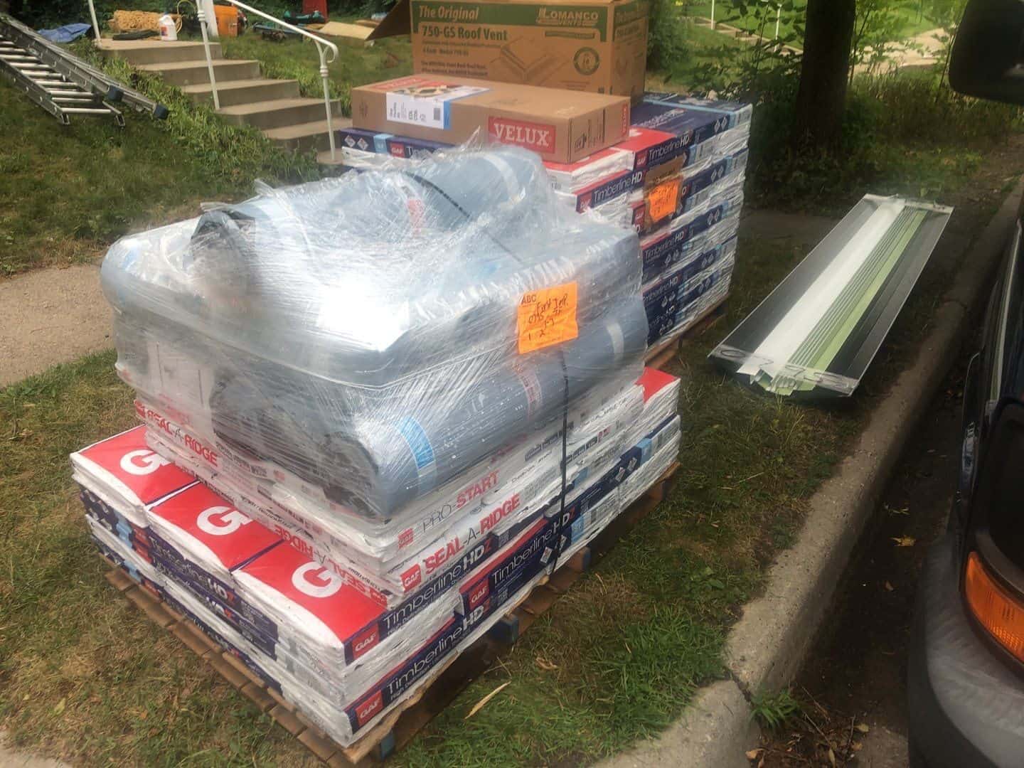 GAF Timberline HDZ materials staged for a Minneapolis, MN re-roof