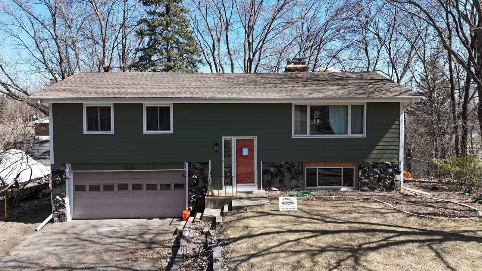 Completed James Hardie Statement Collection siding in Mountain Sage on a Plymouth, MN home