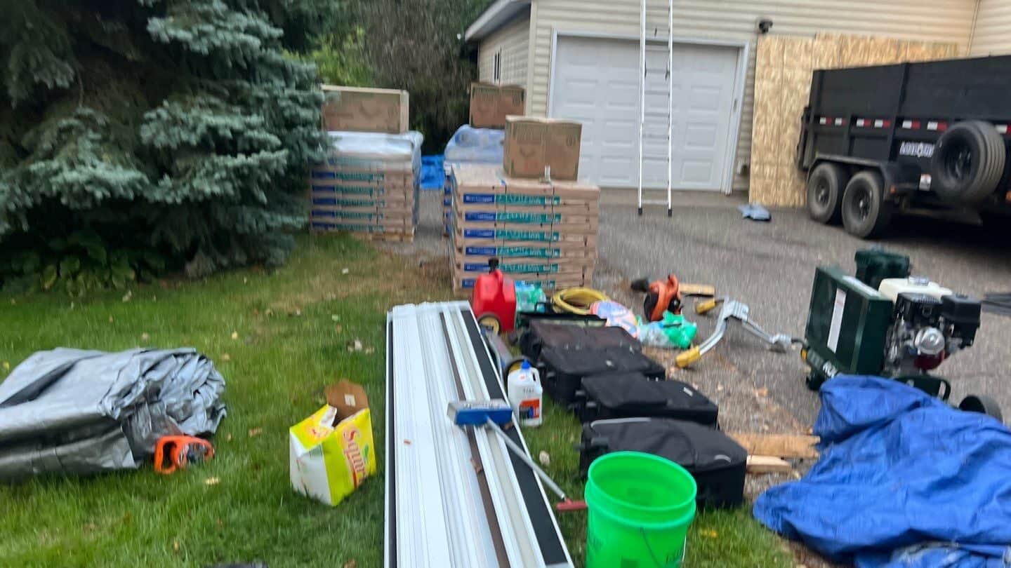 Materials staged on install day for a Monticello, MN roof replacement
