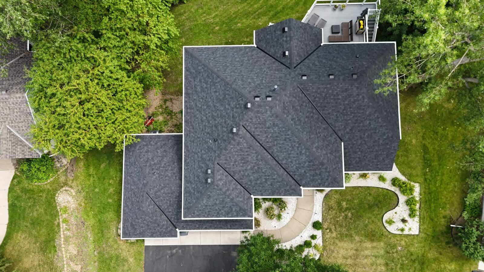 Aerial view of a completed roof and gutter replacement in Plymouth, MN