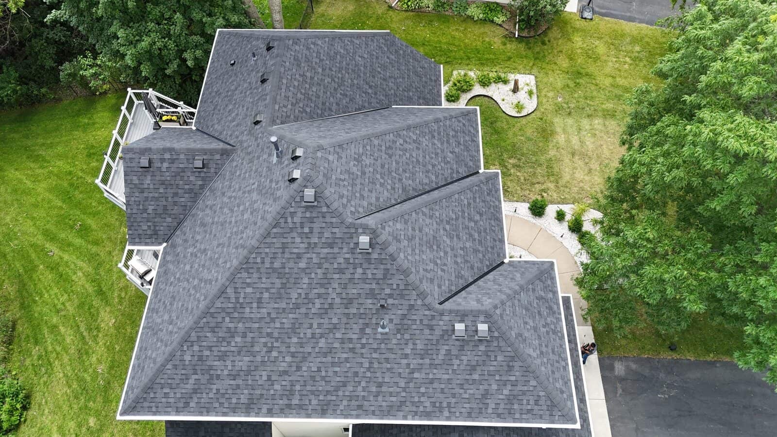 Completed Onyx Black roof from above on a Plymouth, MN home