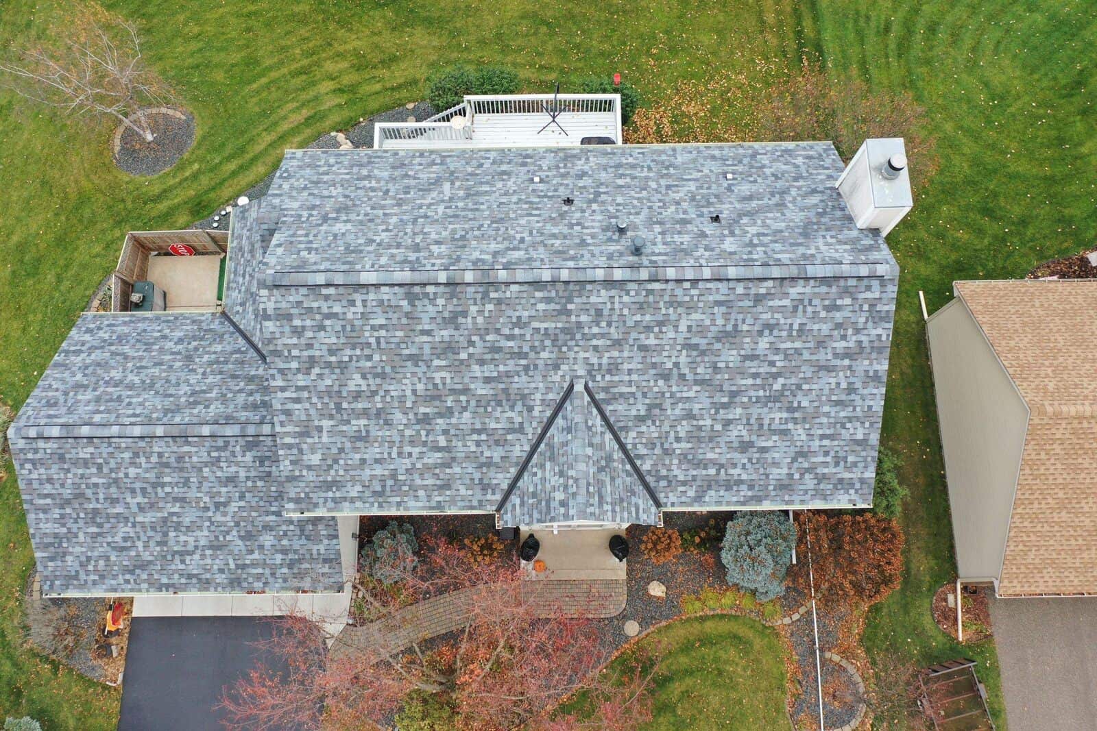 Top-down aerial of a Pacific Wave roof in Plymouth, MN
