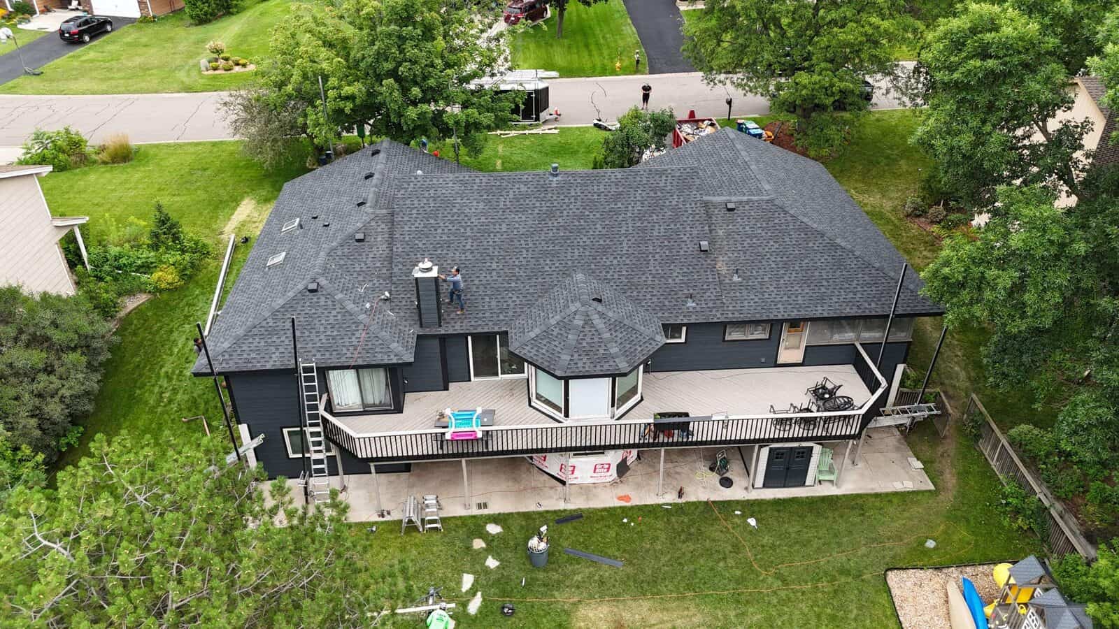 Aerial view of the new GAF Timberline HDZ roof in Charcoal in Plymouth, MN