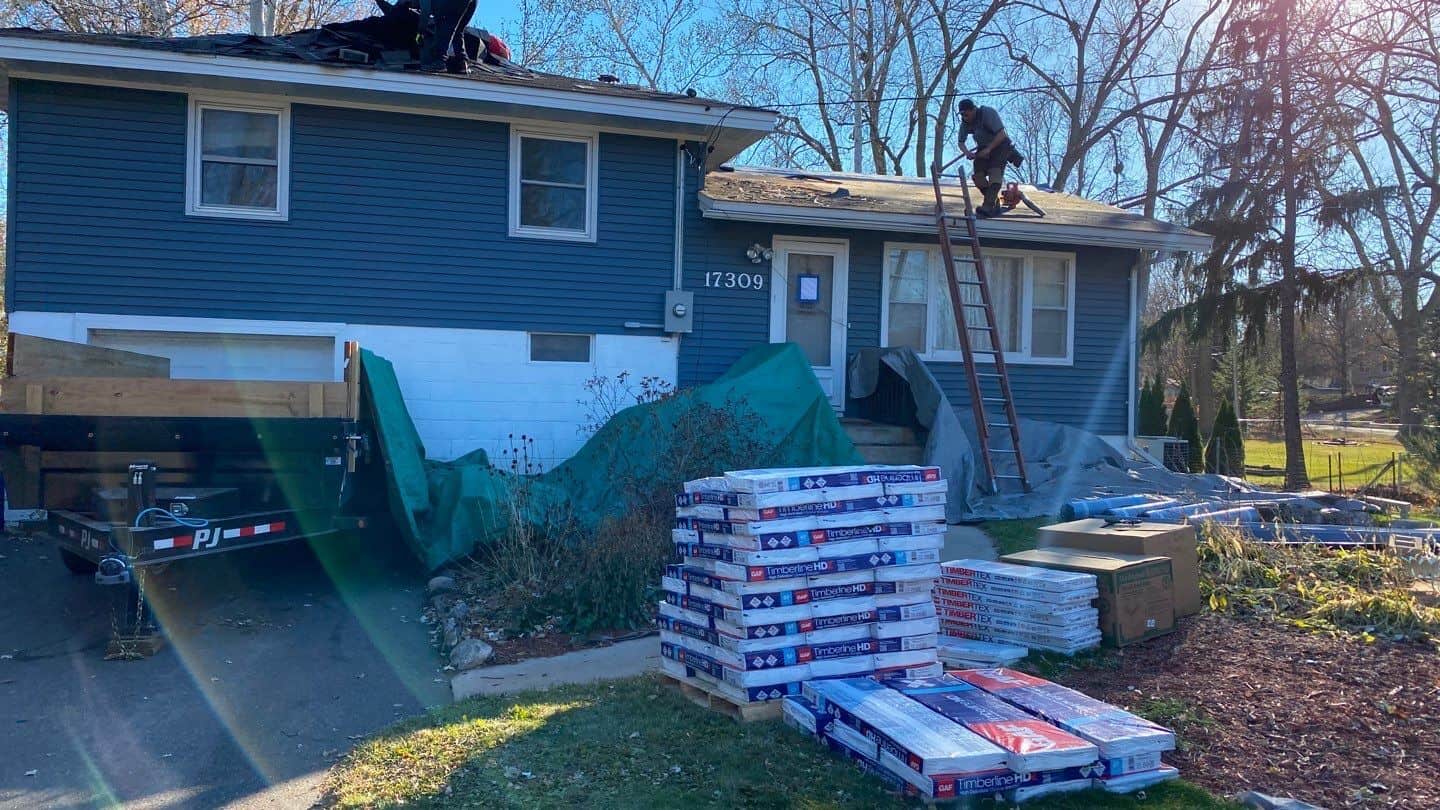 Roof replacement in progress with GAF Timberline HDZ materials in Eden Prairie